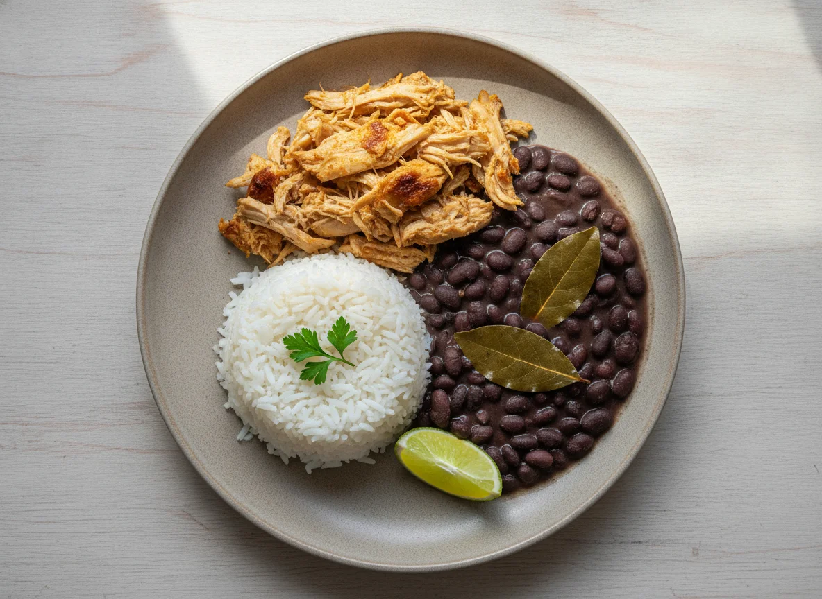 Arroz, feijão preto e frango desfiado photo