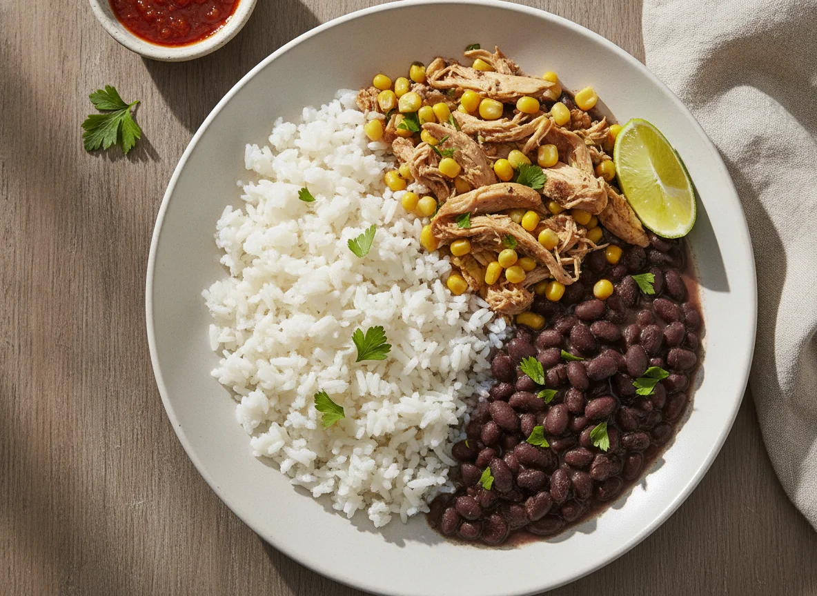 Arroz, feijão preto e frango desfiado com milho photo