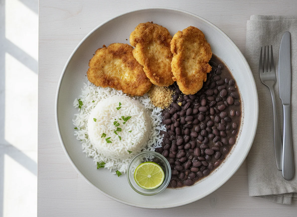 Arroz, feijão preto e frango empanado photo