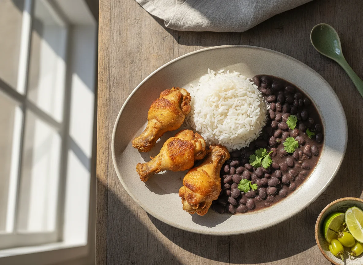 Arroz, feijão preto e frango frito photo
