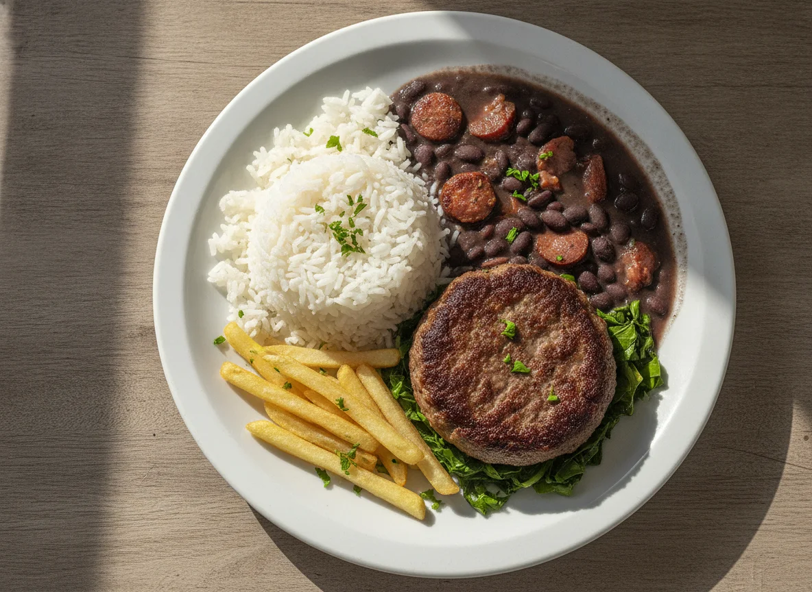 Arroz, feijão preto e hambúrguer photo