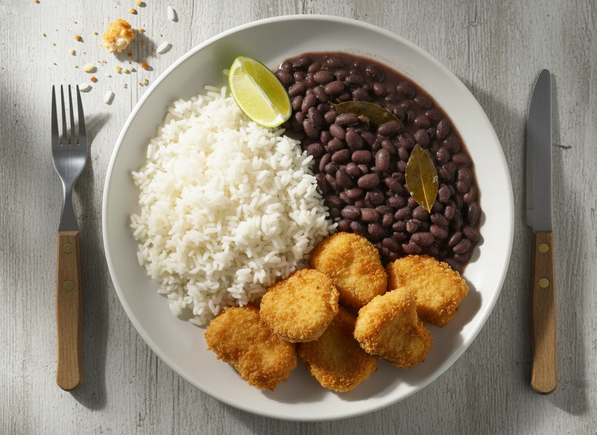 Arroz, feijão preto e nuggets de frango photo
