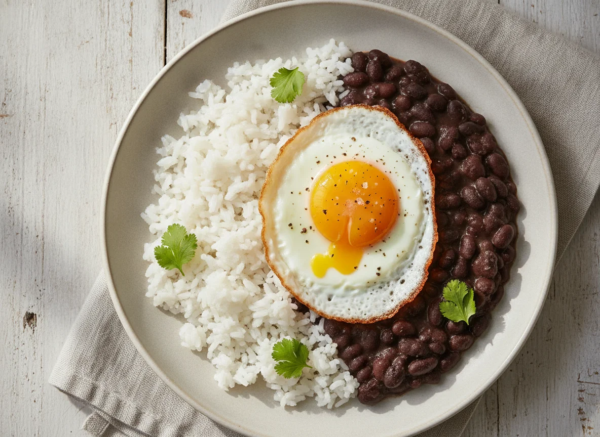 Arroz, feijão preto e ovo frito photo