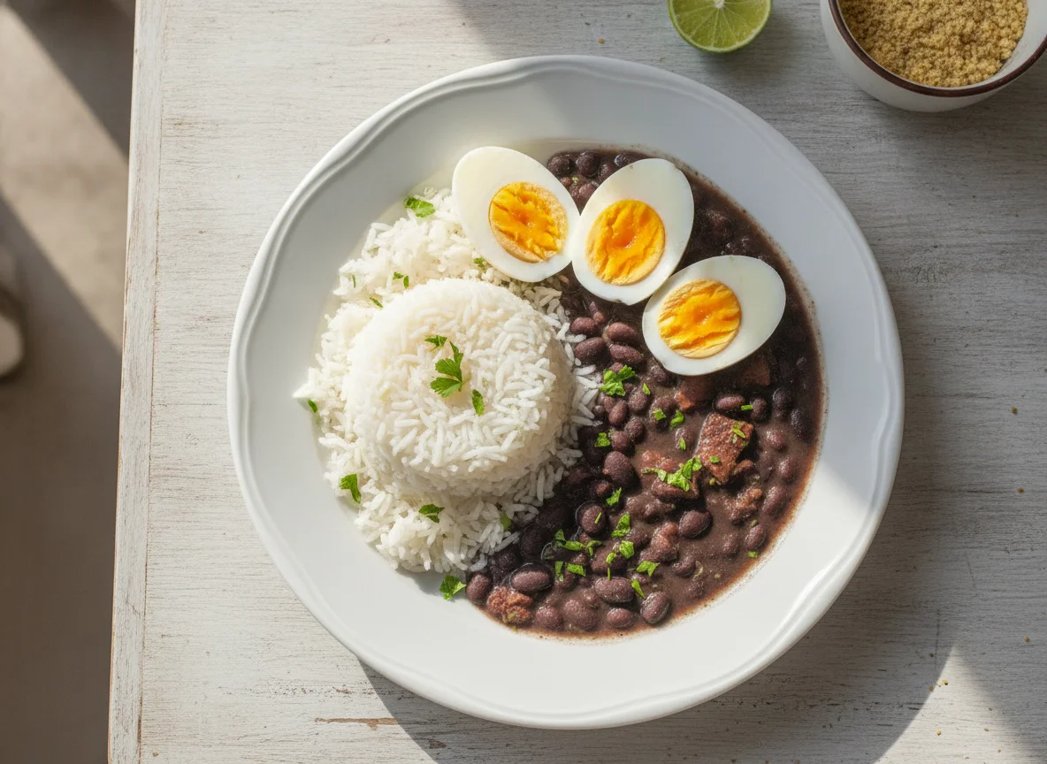 Arroz, feijão preto e ovos cozidos photo