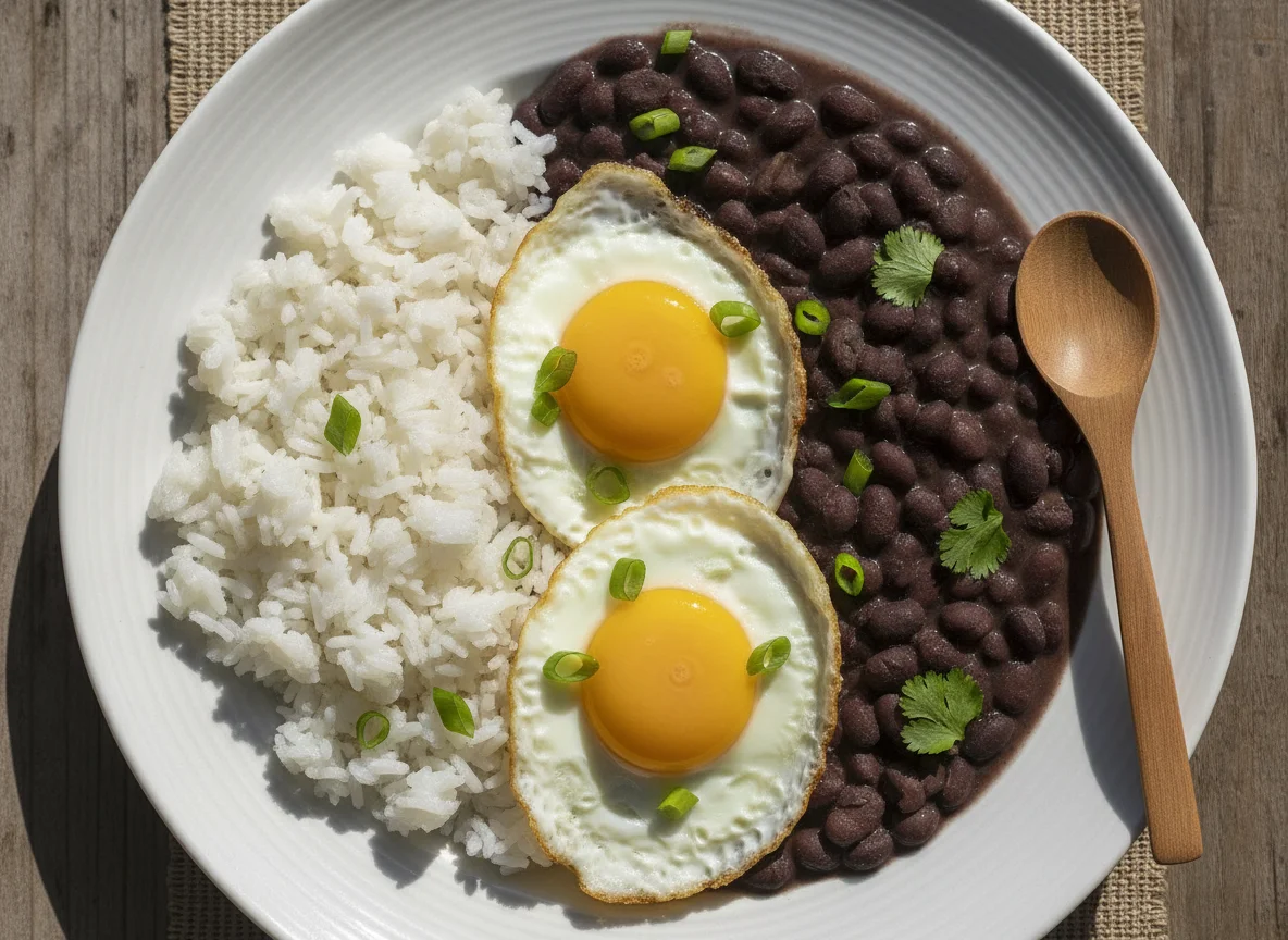 Arroz, feijão preto e ovos fritos photo