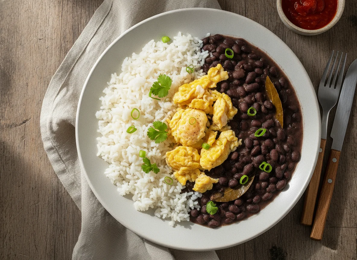 Arroz, feijão preto e ovos mexidos photo