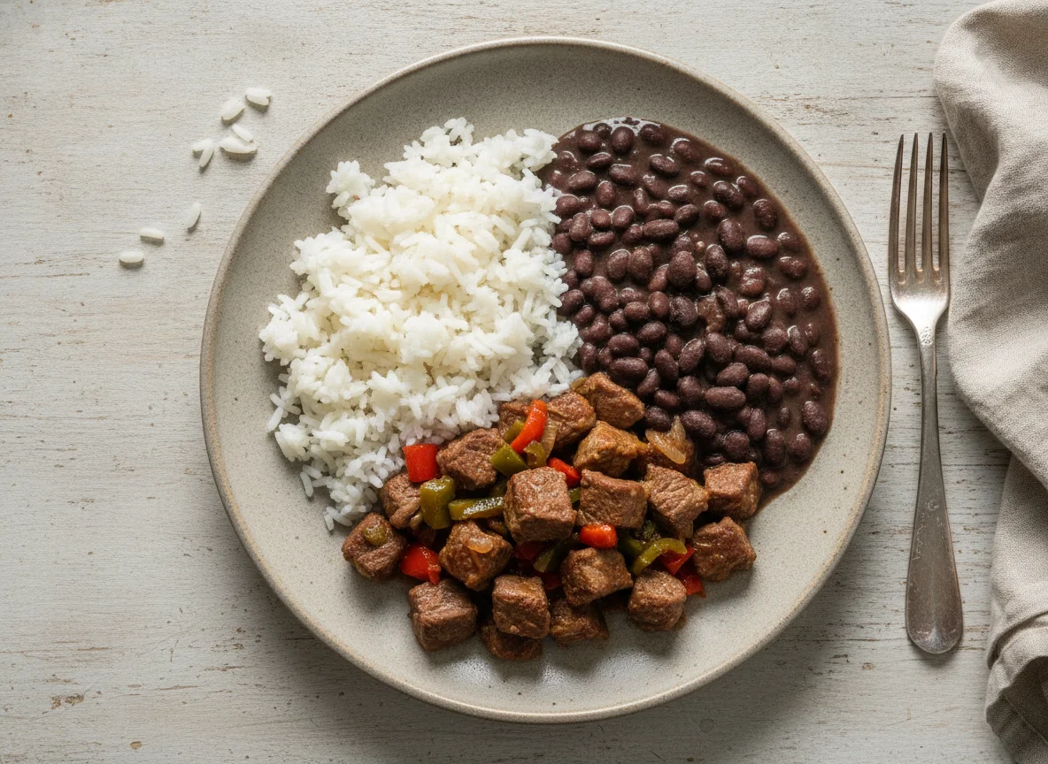Arroz, feijão preto e picadinho de carne photo