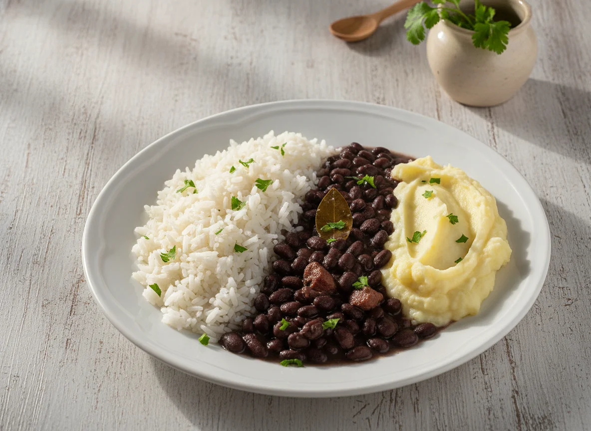 Arroz, feijão preto e purê de batata photo