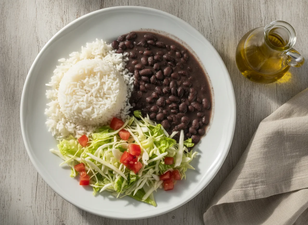 Arroz, feijão preto e salada mista photo