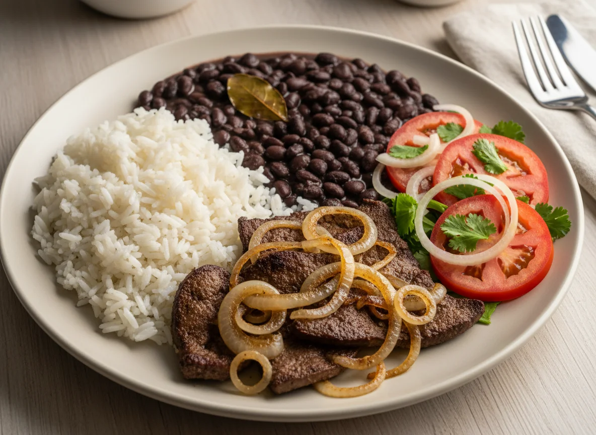Arroz, feijão preto, fígado acebolado e salada de tomate photo
