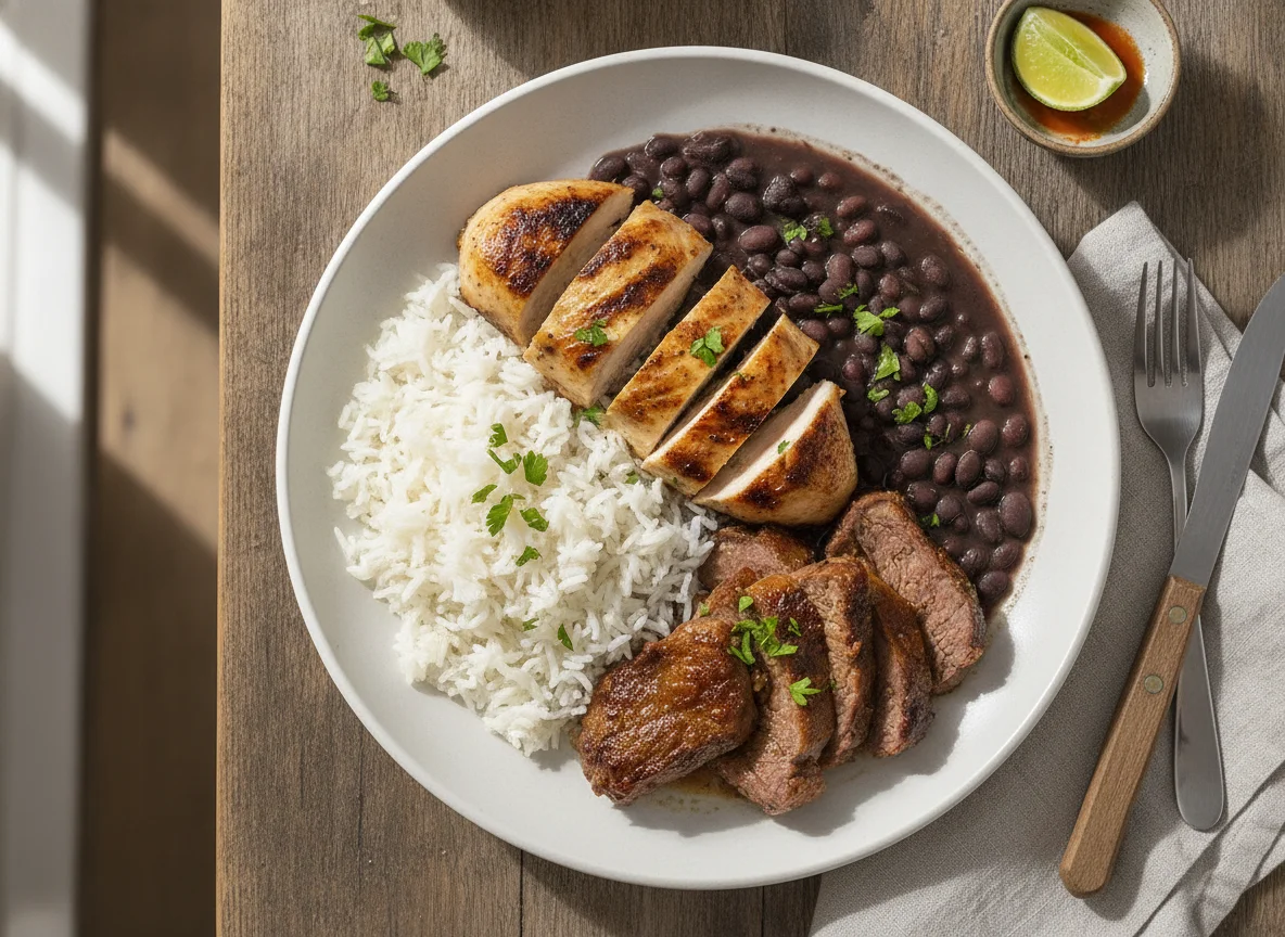 Arroz, feijão preto, frango grelhado e carne bovina assada photo