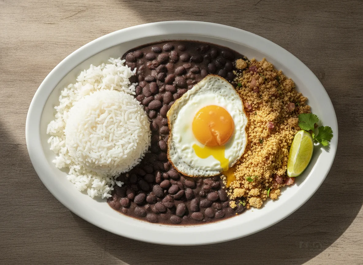 Arroz, feijão preto, ovo frito e farofa photo
