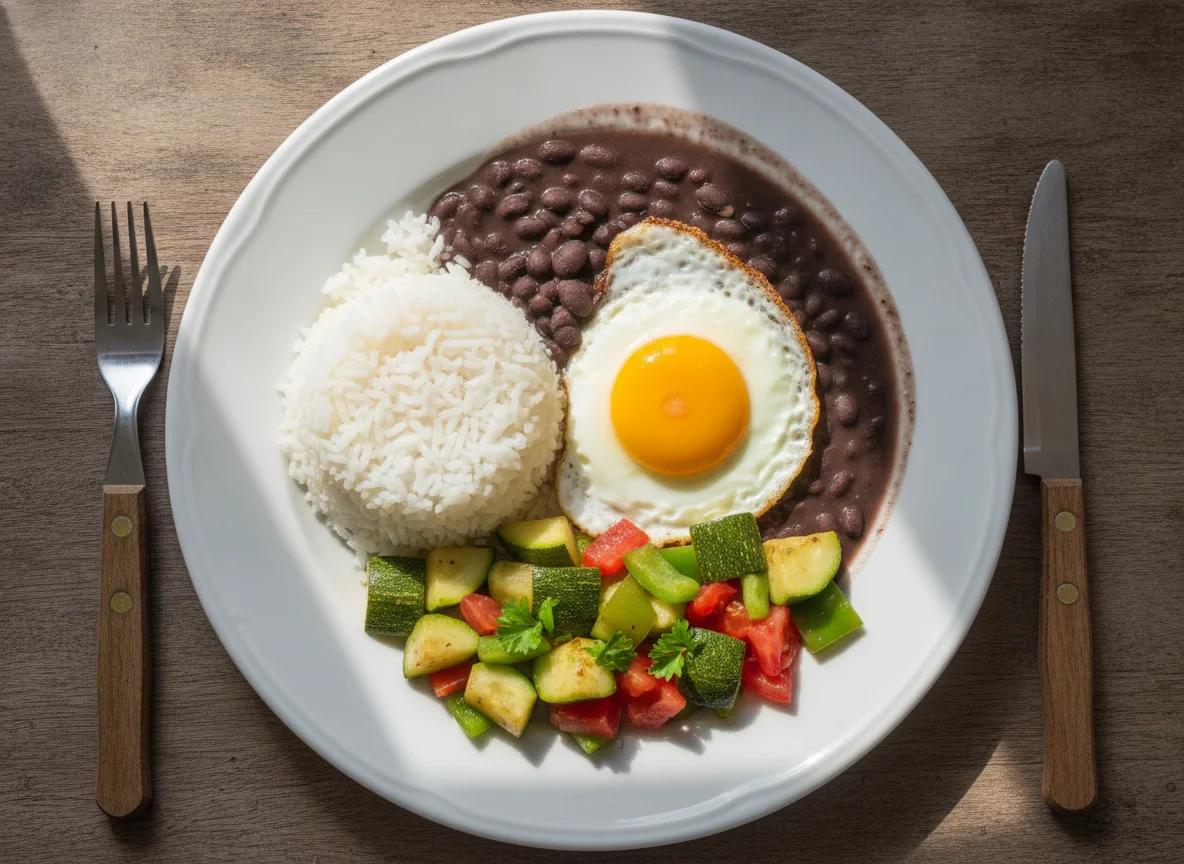 Arroz, feijão preto, ovo frito e legumes photo