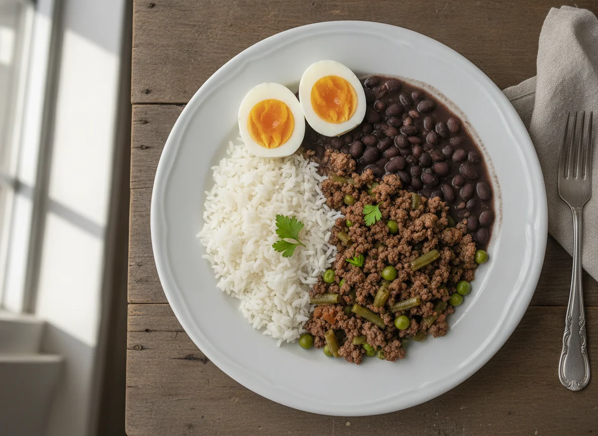 Arroz, feijão preto, ovos cozidos e carne moída com legumes photo