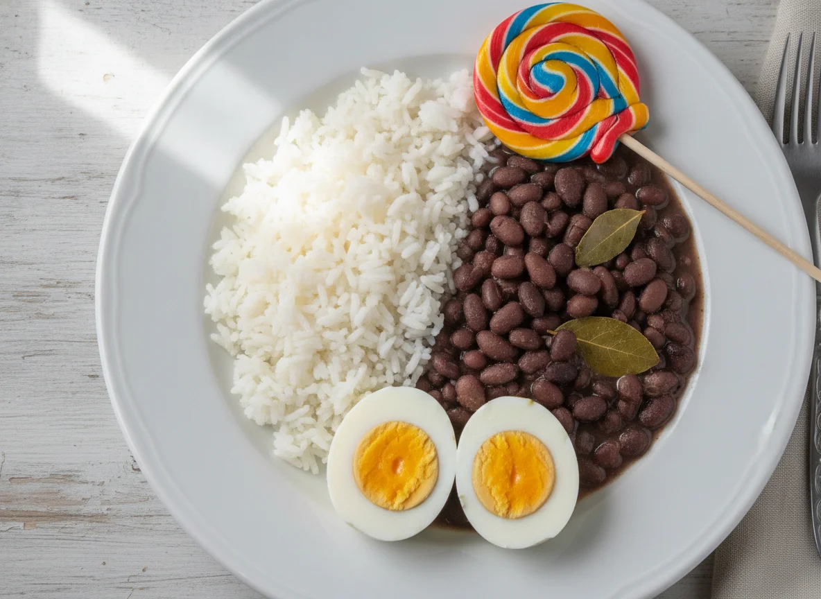 Arroz, feijão preto, ovos cozidos e pirulito photo