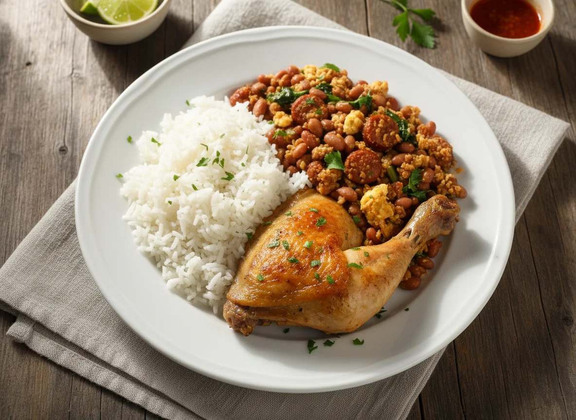 Arroz, feijão tropeiro e frango photo
