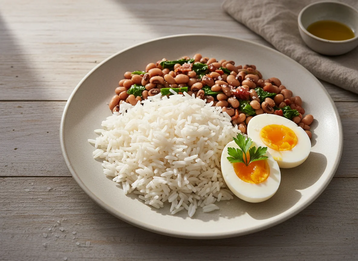 Arroz, feijão-frade e ovo cozido photo