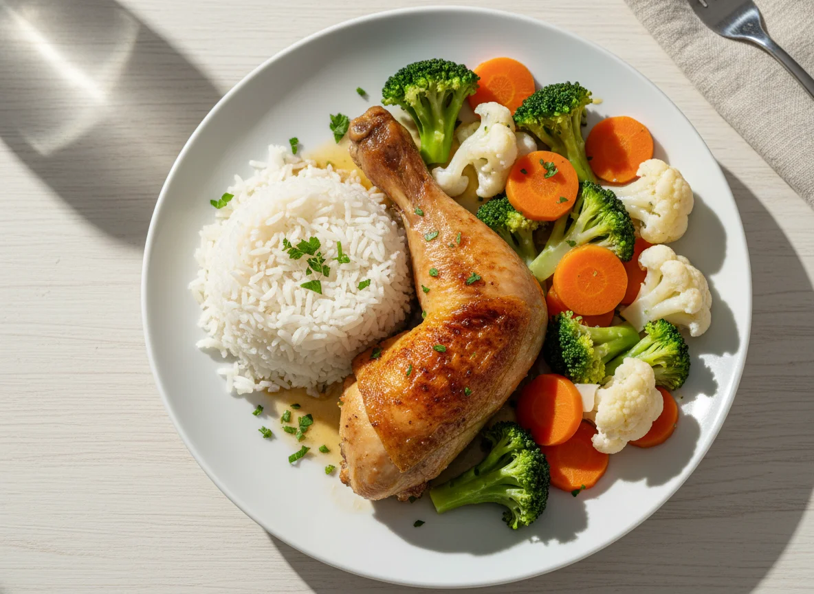 Arroz, frango assado e vegetais cozidos photo