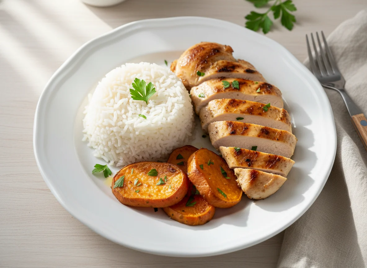 Arroz, frango e batata doce photo