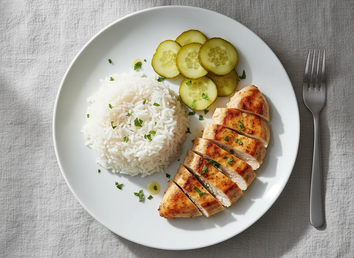 Arroz, frango e picles photo