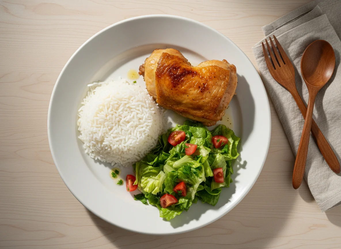 Arroz, frango e salada photo