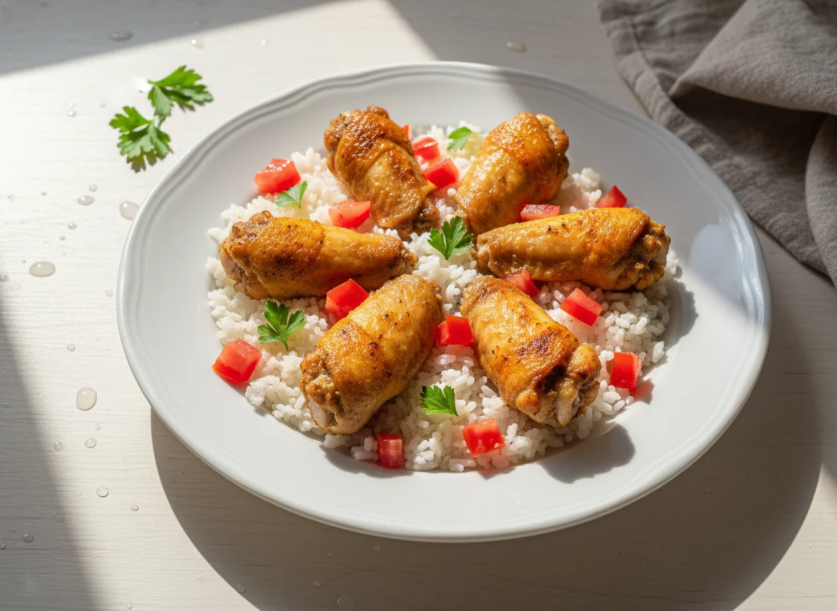 Arroz, frango e tomate photo