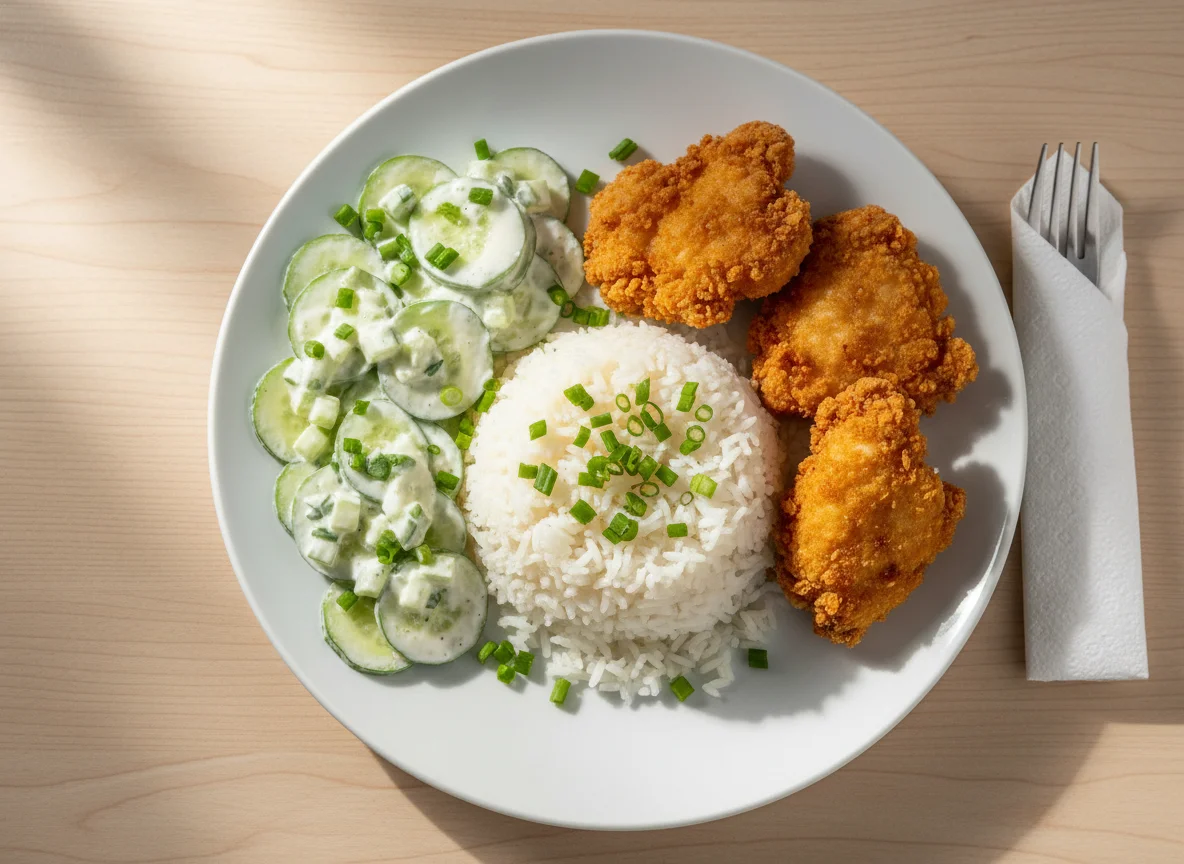 Arroz, frango empanado e salada de pepino photo