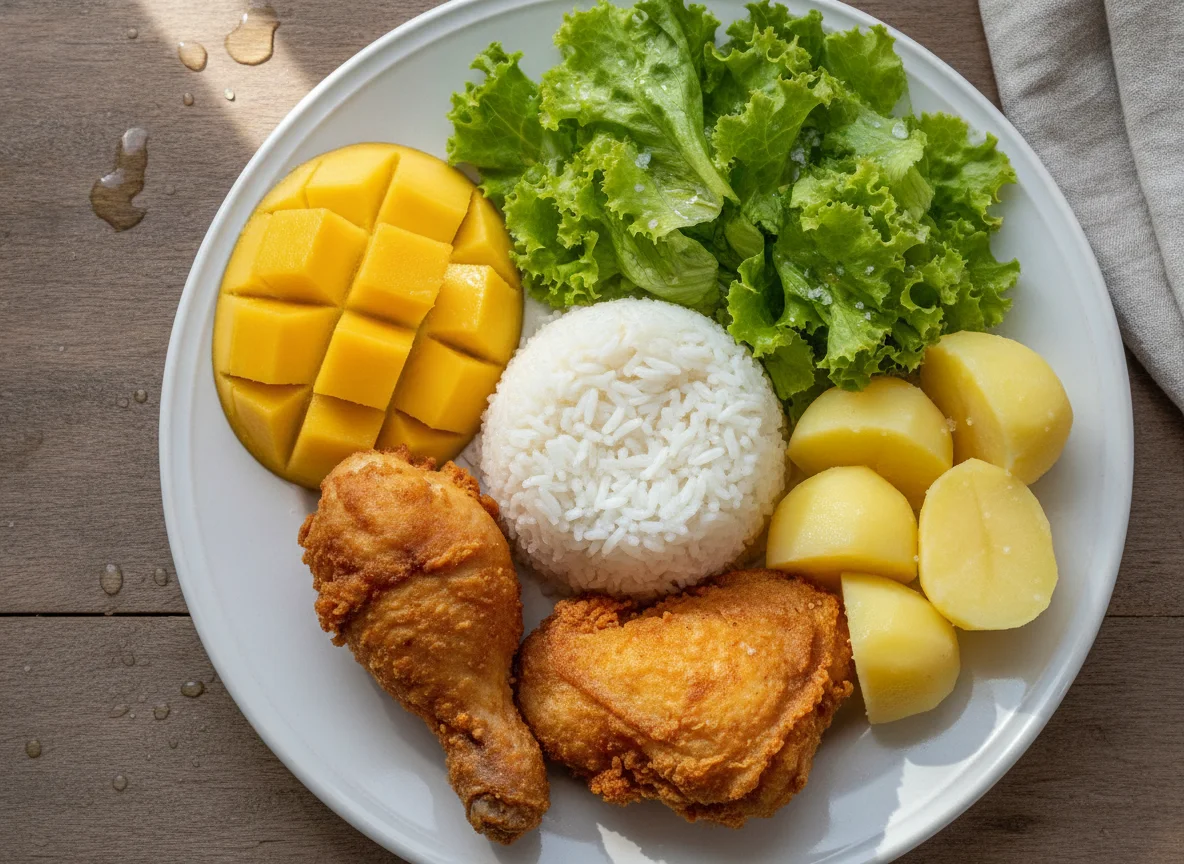 Arroz, frango, manga, batata e salada photo