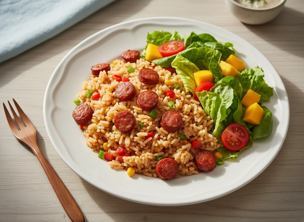Arroz frito com calabresa e salada photo