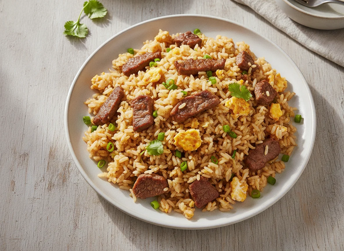 Arroz frito com carne e ovo photo