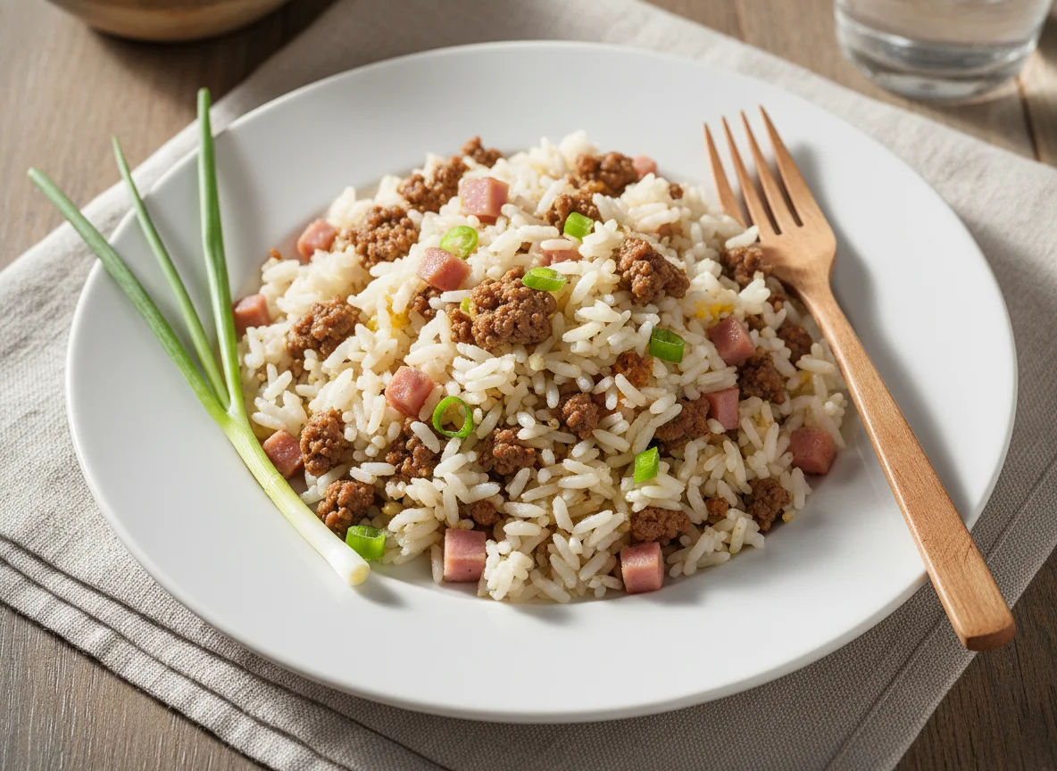 Arroz frito com carne e vegetais photo