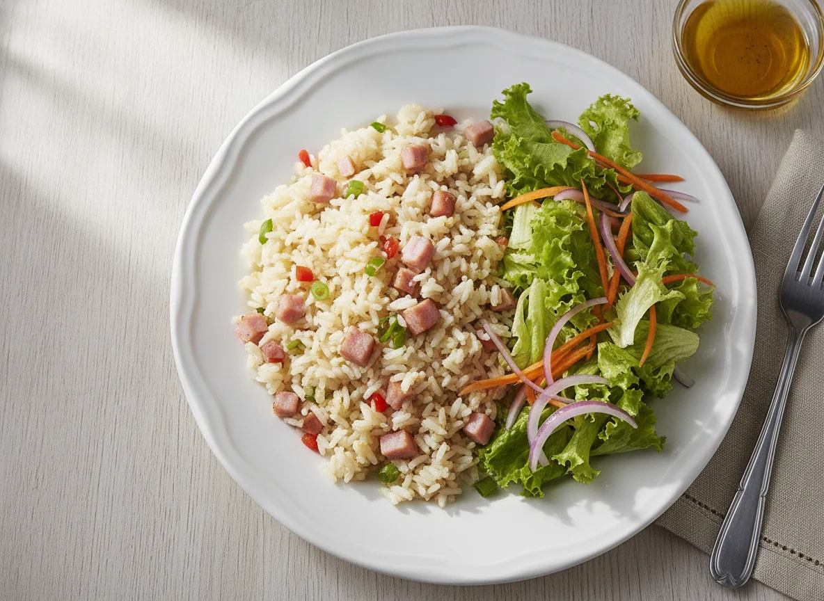 Arroz frito com fiambre e salada mista photo