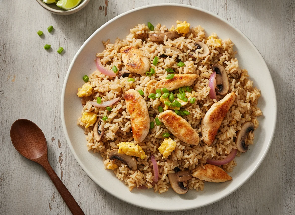 Arroz frito com frango e cogumelos photo