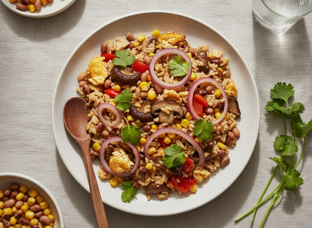 Arroz frito com legumes e ovo photo
