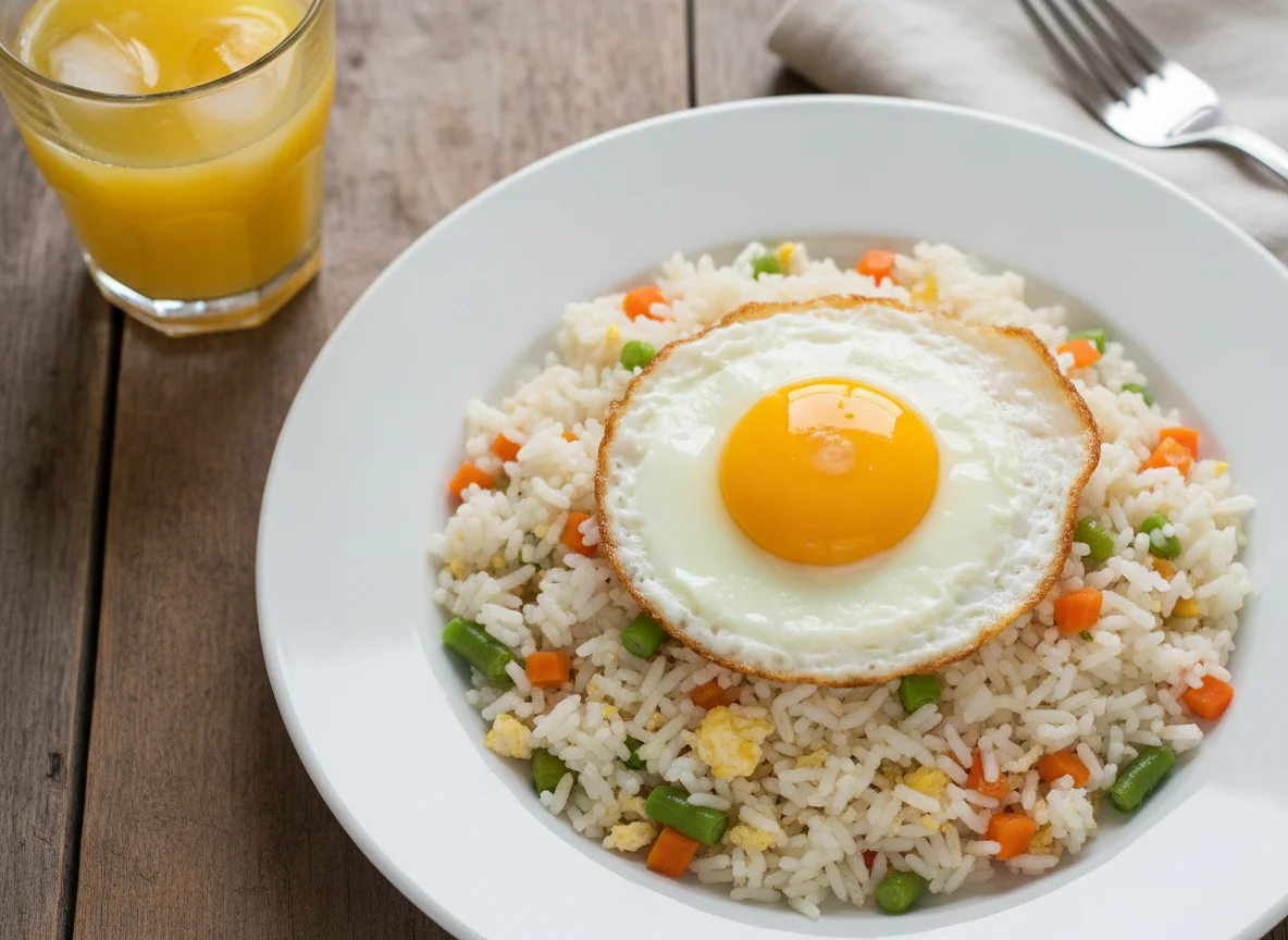 Arroz frito com ovo e suco de laranja photo