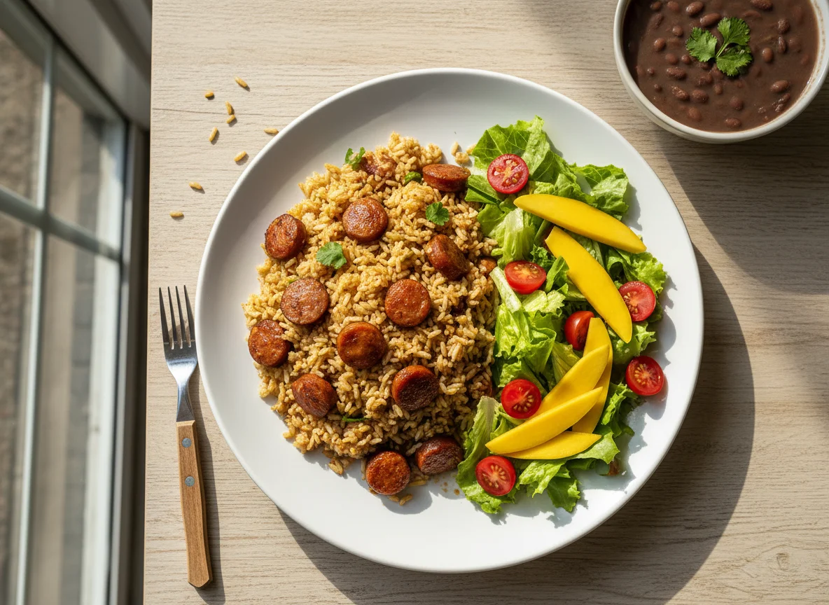 Arroz frito com salsicha e salada photo