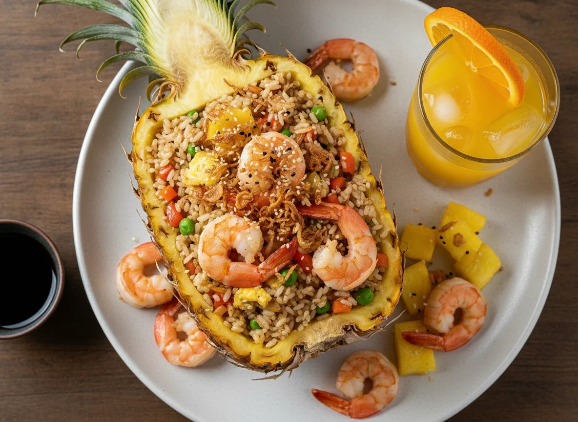 Arroz Frito no Abacaxi com Camarão e Suco de Laranja photo