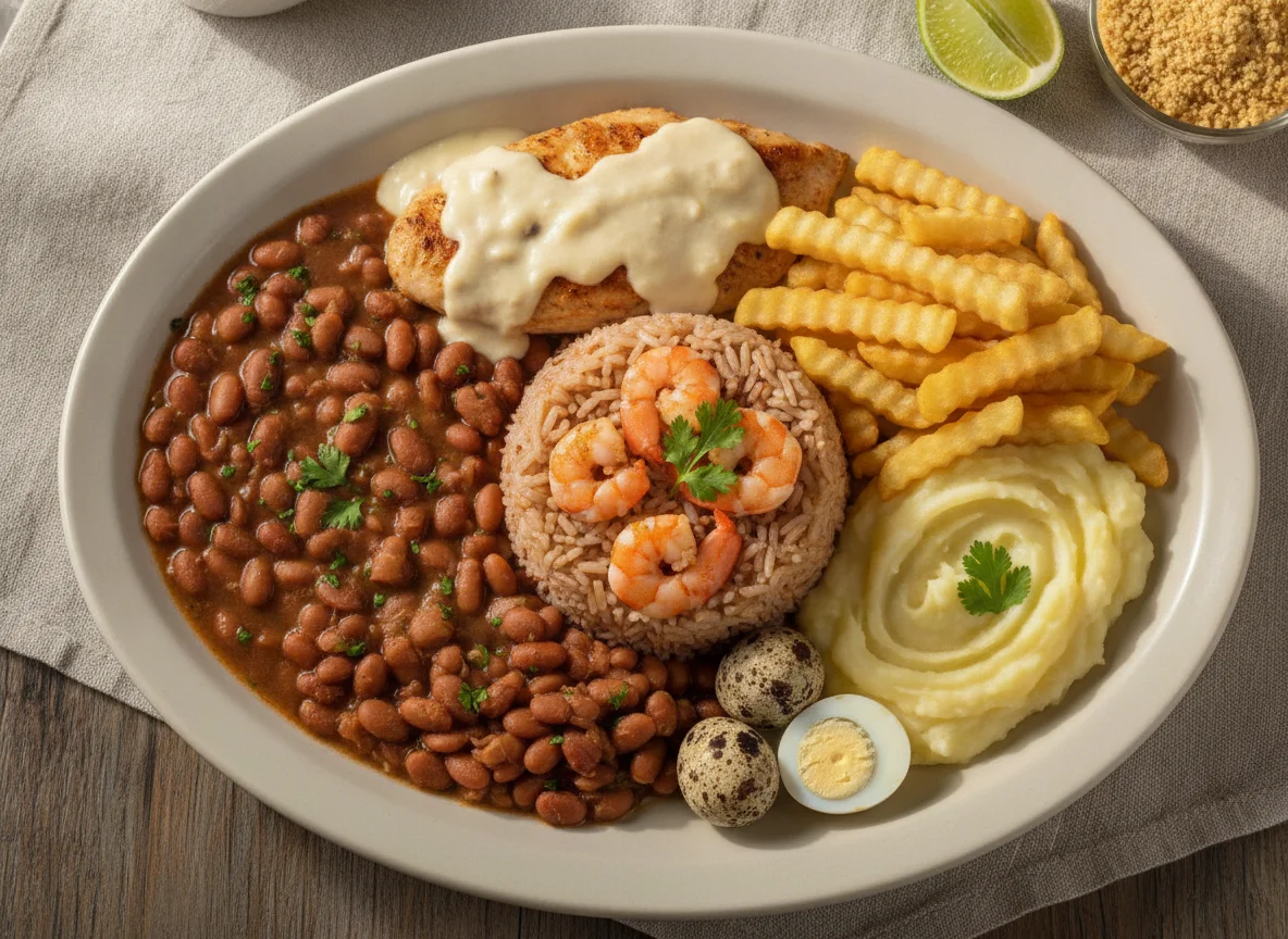 Arroz integral com camarão, feijão, batata frita e acompanhamentos photo