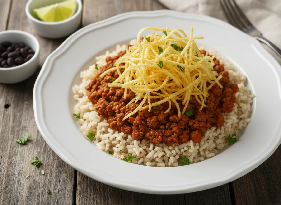 Arroz integral com carne moída e batata palha photo