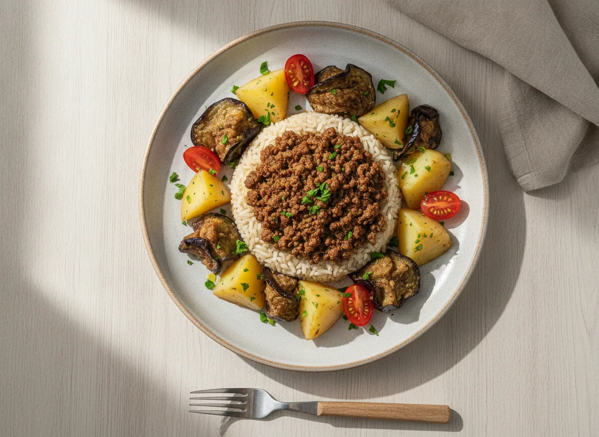 Arroz integral com carne moída e legumes photo