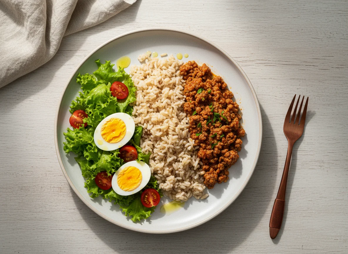 Arroz integral com carne moída e salada photo