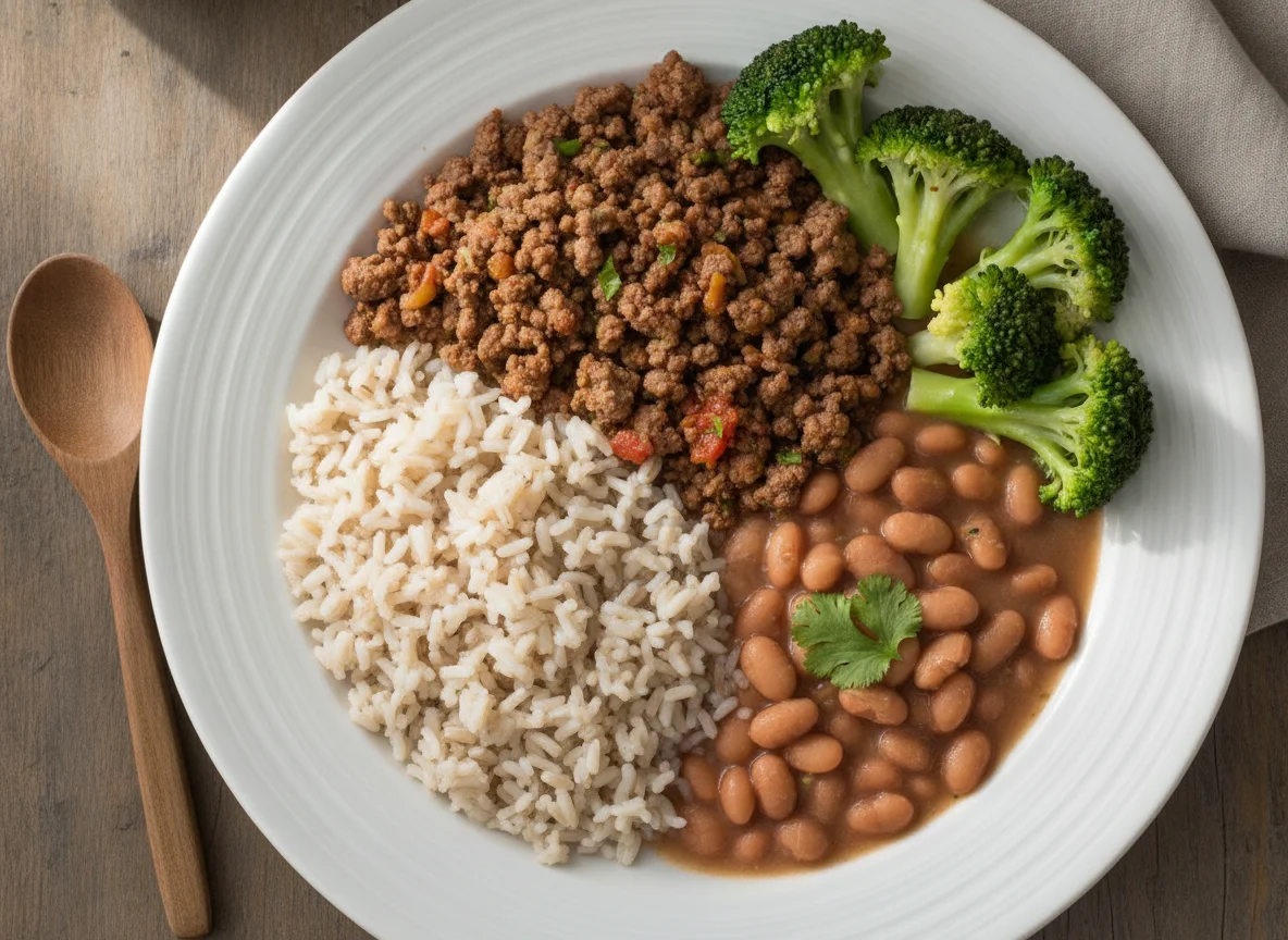 Arroz integral com carne moída, feijão e brócolis photo