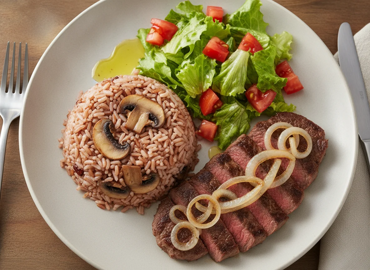 Arroz integral com cogumelos, bife acebolado e salada mista photo