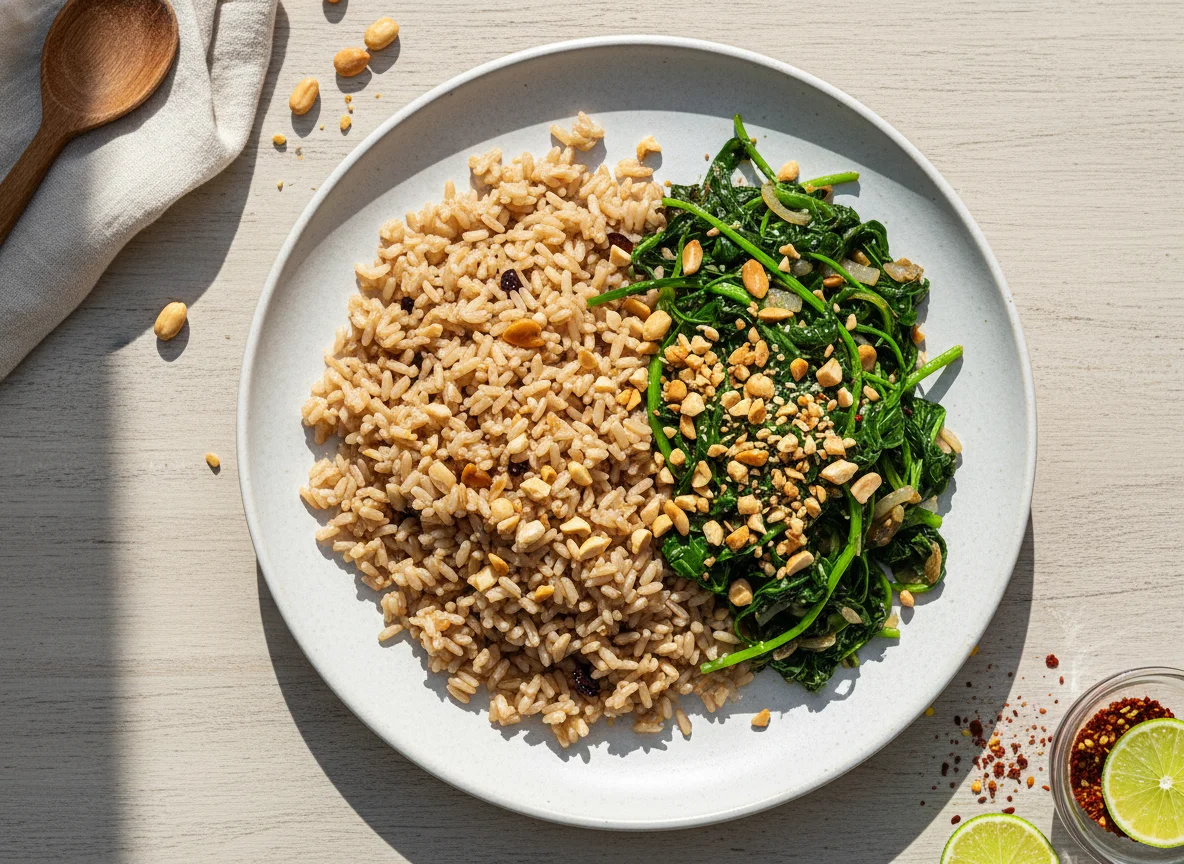 Arroz integral com couve refogada e amendoim photo