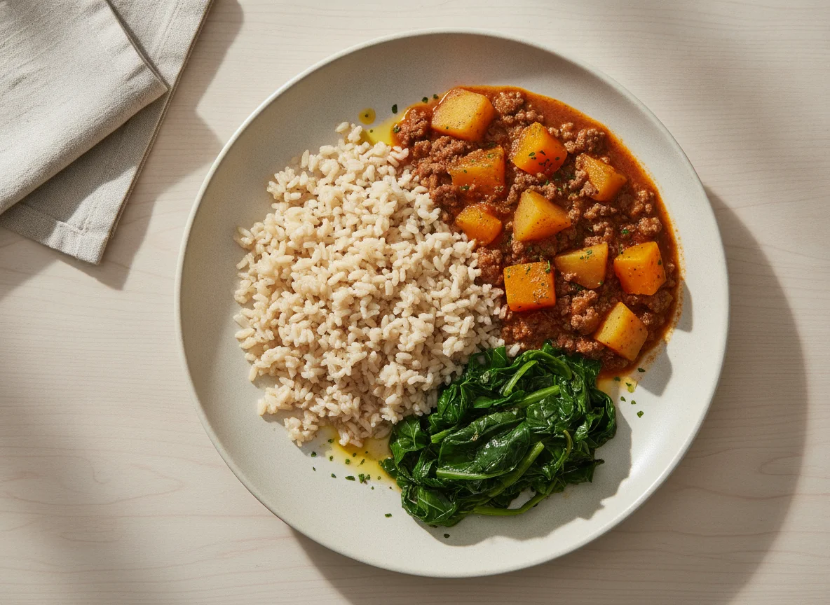Arroz integral com ensopado de carne moída, legumes e couve photo