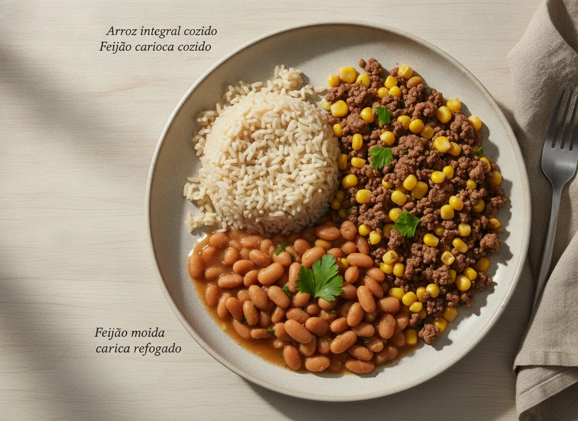 Arroz integral com feijão carioca e carne moída com milho photo