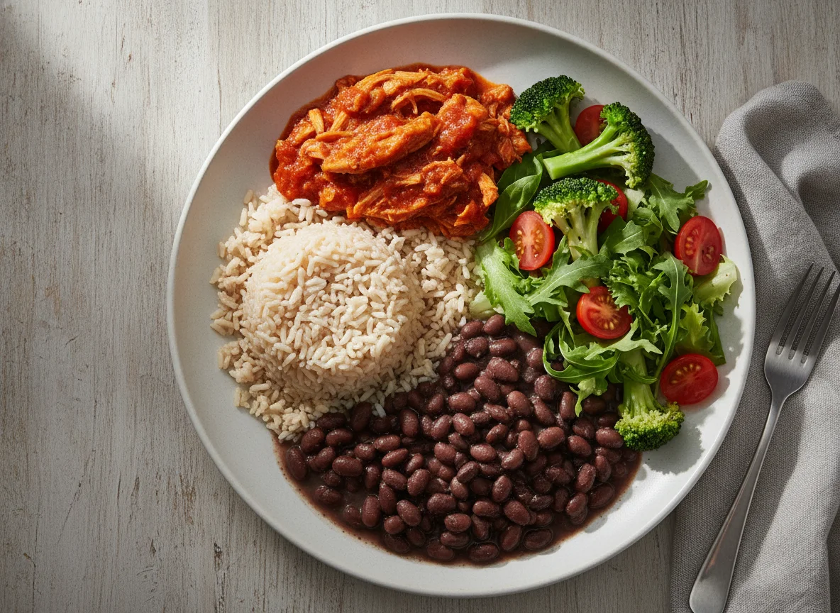 Arroz integral com feijão preto, frango desfiado e salada photo