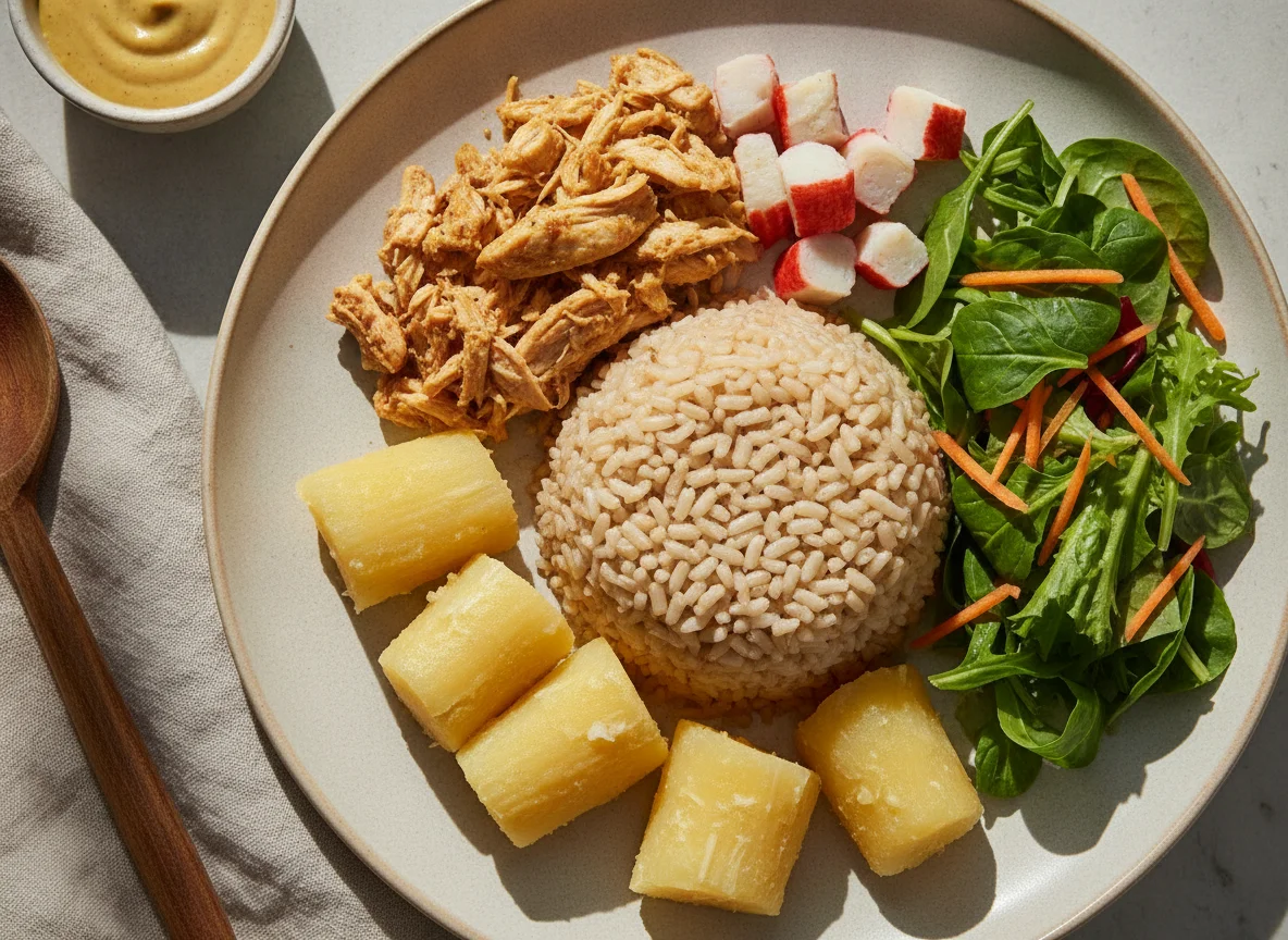 Arroz integral com frango desfiado, mandioca e kani-kama photo