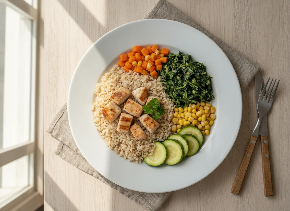 Arroz integral com frango grelhado, couve e legumes photo