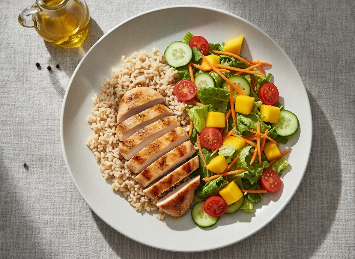Arroz integral com frango grelhado e salada mista photo